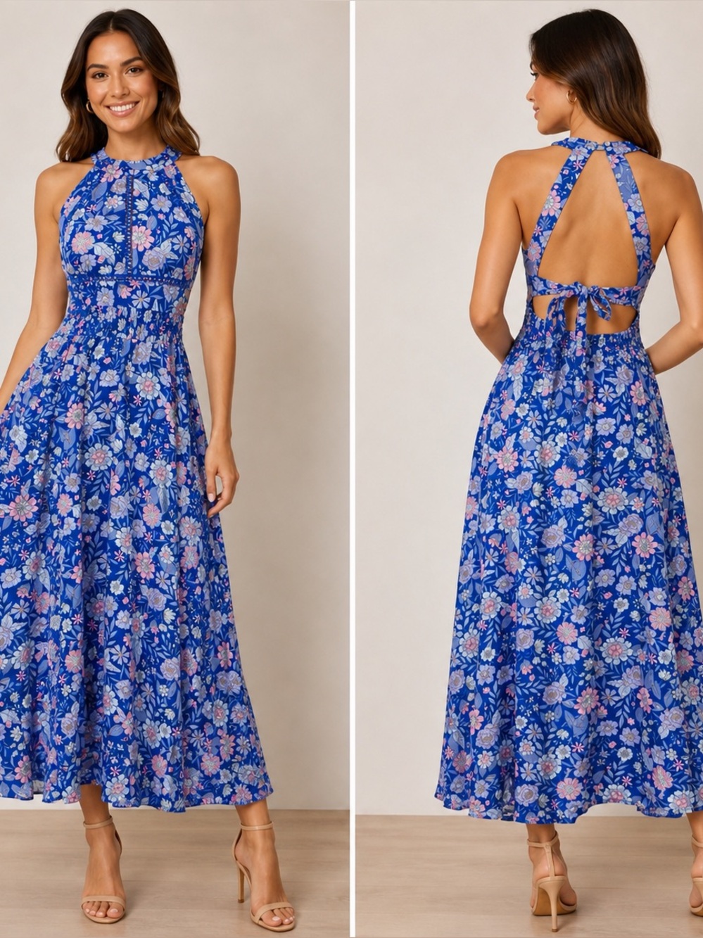 Abel the Label NWT Bluebell Floral Halter Tie Back Full Skirt Maxi Dress Small
